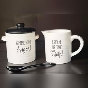 White Ceramic Sugar and Creamer Set with Black Lid